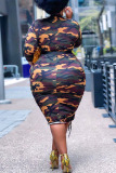 Camouflage Casual Camouflage Print Patchwork Draw String Fold O Neck Pencil Skirt Plus Size Dresses