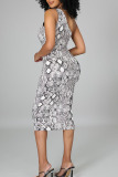 Grey Sexy Print Bandage Hollowed Out Patchwork Oblique Collar Pencil Skirt Dresses