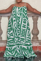 Green Casual Print Split Joint Spaghetti Strap Cake Skirt Plus Size Dresses