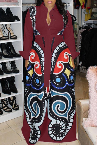 Wine Red Casual Printed Loose Blending Floor Length Dress