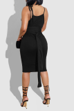 Black Casual Solid Patchwork Spaghetti Strap Pencil Skirt Dresses