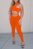 Tangerine Sexy Solid Patchwork Halter Skinny Jumpsuits