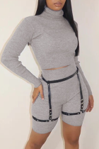 Grey Casual Solid Patchwork Turtleneck Nine Points Sleeve Two Pieces