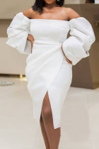White Elegant Solid Split Joint Asymmetrical Strapless Irregular Dress Dresses