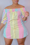 Pink Yellow Casual Cute Striped Print Off the Shoulder Straight Plus Size Dresses
