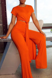 Tangerine Casual Solid Patchwork Slit O Neck Plus Size Two Pieces