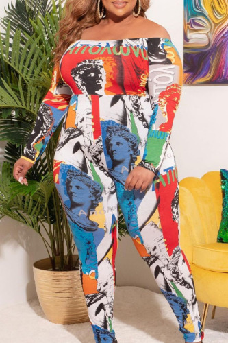 Colour Street Print Patchwork Off the Shoulder Plus Size Jumpsuits