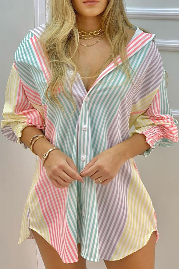 Colour Casual Striped Print Patchwork Buckle Turndown Collar Tops