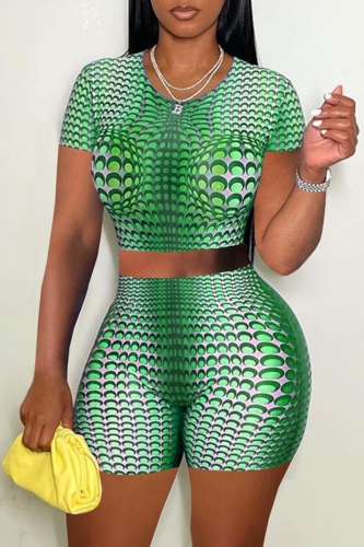 Green Casual Print Patchwork O Neck Short Sleeve Two Pieces