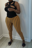 Yellow Sexy Plaid Patchwork Skinny High Waist Pencil Full Print Bottoms