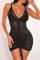 Black Sexy Solid Split Joint Draw String See-through Fold Spaghetti Strap Sling Dress Dresses