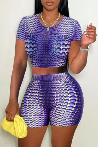 Purple Casual Print Patchwork O Neck Short Sleeve Two Pieces