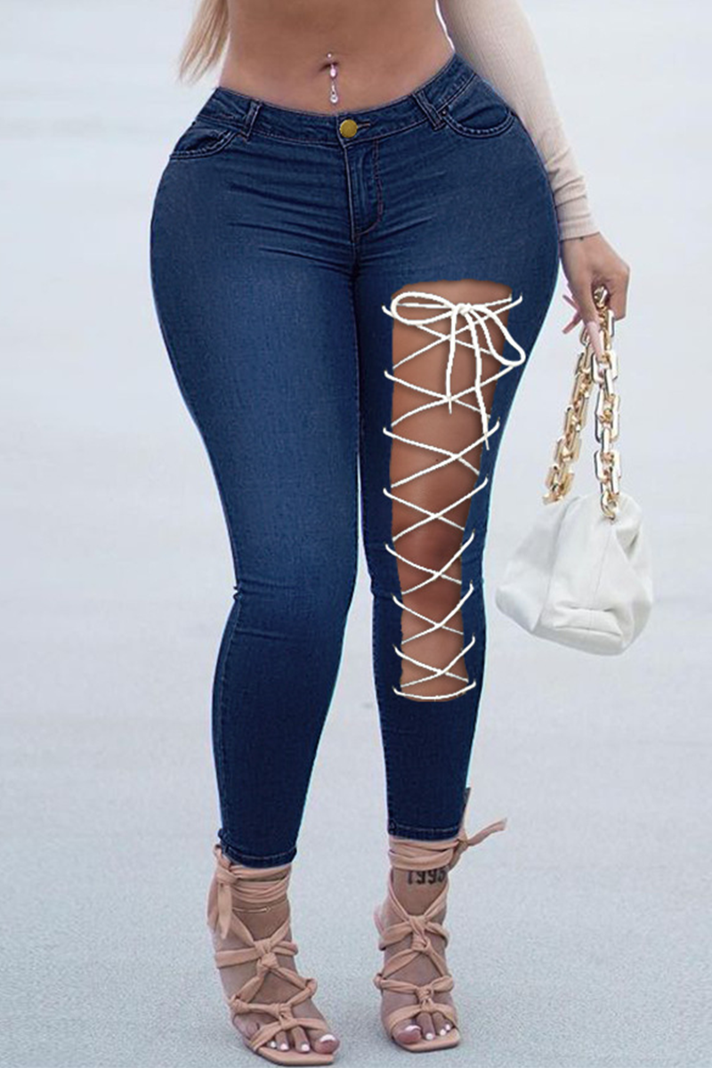 

Deep Blue Sexy Solid Hollowed Out Draw String Plus Size Jeans