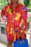 Multi-color Fashion Casual Print Basic Turndown Collar Long Sleeve Dresses