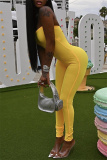 Yellow Sexy Casual Solid Backless Strapless Skinny Jumpsuits
