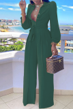 Ink Green Casual Solid Patchwork Turndown Collar Straight Jumpsuits