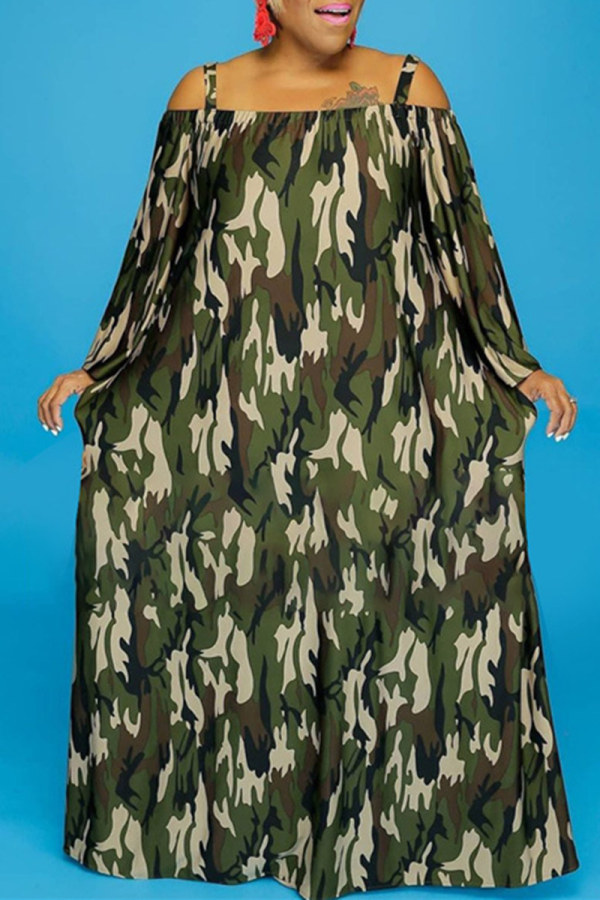 Camouflage Fashion Casual Print Without Belt Off the Shoulder Long Sleeve Plus Size Dresses