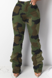 Army Green Casual Print Split Joint Fold Mid Waist Boot Cut Denim Jeans