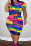 Colour Sexy Print Split Joint O Neck Pencil Skirt Plus Size Dresses
