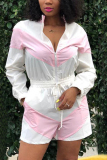 Pink Sexy Fashion Patchwork bandage Print zipper Long Sleeve Mandarin Collar Rompers