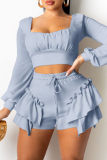 Light Blue Fashion Casual Solid Patchwork Square Collar Long Sleeve Two Pieces