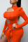 Tangerine Red Sexy Solid Bandage Hollowed Out Split Joint Asymmetrical O Neck Pencil Skirt Dresses