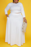 White Fashion Casual Solid Basic O Neck Plus Size Two Pieces