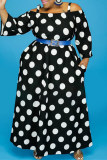 Black Fashion Casual Print Without Belt Off the Shoulder Long Sleeve Plus Size Dresses