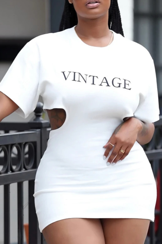 White Sexy Print Hollowed Out O Neck Pencil Skirt Dresses