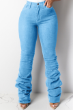 Deep Blue Casual Print Split Joint Fold Mid Waist Boot Cut Denim Jeans