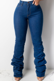 Deep Blue Casual Print Split Joint Fold Mid Waist Boot Cut Denim Jeans