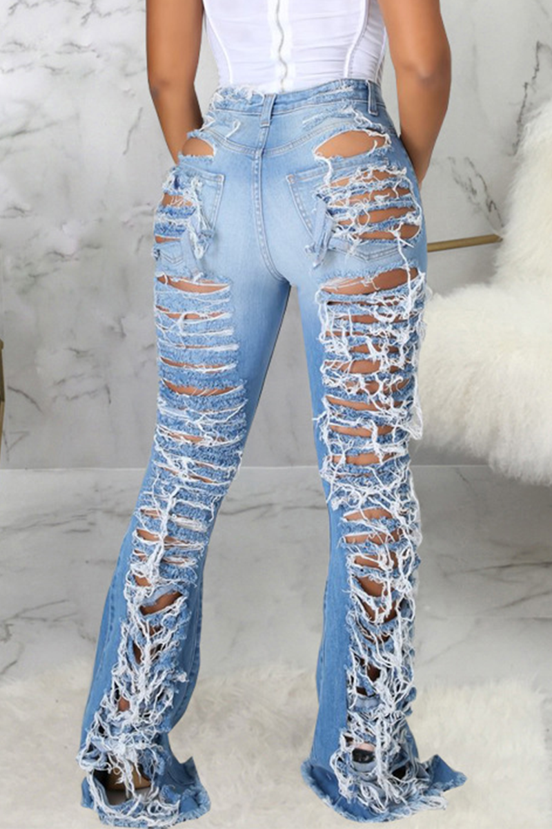 Fashion Blue Sexy Solid Ripped Mid Waist Boot Cut Denim Jeans For Sale Knowfashionstyle 6759