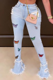Baby Blue Fashion Casual Embroidery Ripped High Waist Boot Cut Jeans