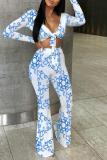 Baby Blue Sexy Print Patchwork V Neck Long Sleeve Two Pieces