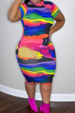 Colour Sexy Print Split Joint O Neck Pencil Skirt Plus Size Dresses