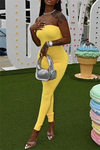 Yellow Sexy Casual Solid Backless Strapless Skinny Jumpsuits