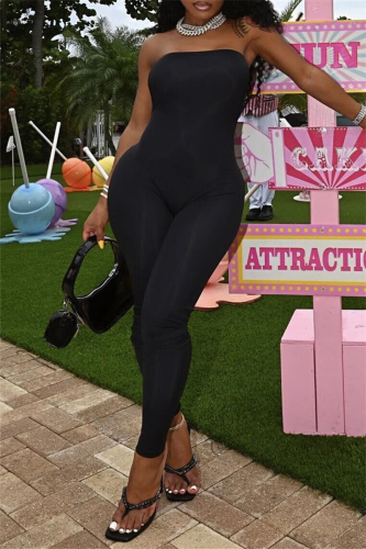 Black Sexy Casual Solid Backless Strapless Skinny Jumpsuits