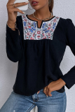 Black Casual Patchwork O Neck Tops