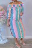 Pink Yellow Fashion Casual Striped Print Off the Shoulder Long Dress