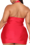 Red Sexy Solid Hollowed Out Halter Pencil Skirt Plus Size Dresses