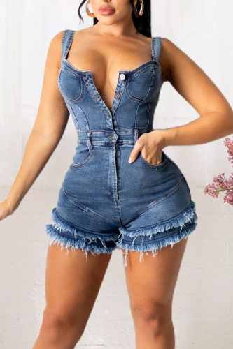 The cowboy blue Casual Solid Tassel Patchwork Buckle Spaghetti Strap Regular Rompers