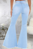 Baby Blue Casual Butterfly Print Patchwork Mid Waist Boot Cut Denim Jeans
