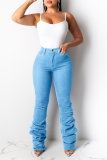 Light Blue Casual Print Split Joint Fold Mid Waist Boot Cut Denim Jeans