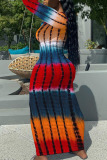 Orange Casual Striped Print Patchwork U Neck Pencil Skirt Dresses
