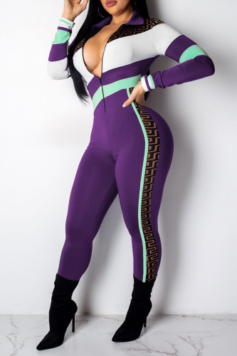 Purple Casual Solid Patchwork Turndown Collar Skinny Jumpsuits