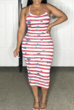 red stripe Sexy Fashion Print Suspender Backless Long Dress