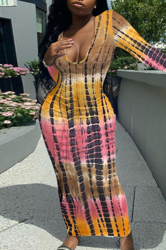 Pink Casual Striped Print Patchwork U Neck Pencil Skirt Dresses