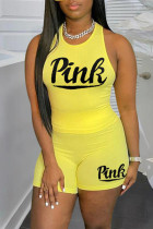 Yellow Casual Sportswear Letter Print Vests O Neck Sleeveless Two Pieces