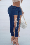 Medium Blue Street Solid Hollowed Out Patchwork Frenulum High Waist Skinny Denim Jeans