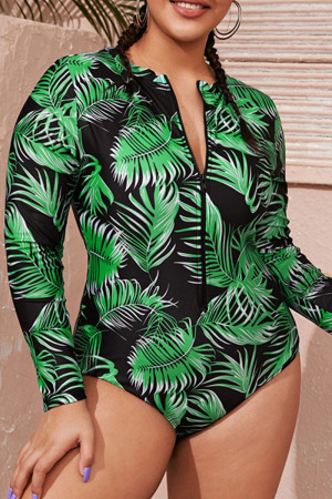 Green Casual Print Patchwork Zipper Zipper Collar Plus Size Swimwear